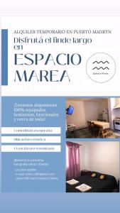 a flyer for an expo marina with a bed and a table at Espacio Marea in Puerto Madryn