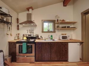 a kitchen with wooden cabinets and a stove top oven at The Rocky Knoll - Garden View - Pet Friendly in Port Renfrew