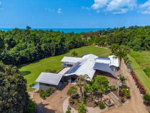 an aerial view of a house with trees and the ocean at Tranquility Retreat in Mission Beach