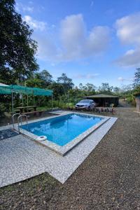 a swimming pool in a yard with a car parked next to it at Tropical Quiet Retreat in Venecia