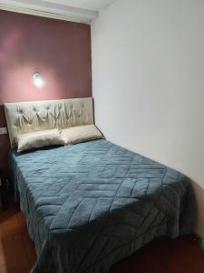 a bedroom with a bed with a blue blanket at San Martin 40 in Villa Carlos Paz