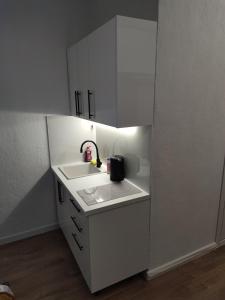a small white kitchen with a sink and a counter at Smart Loft Studio Center Walking street in Chişinău