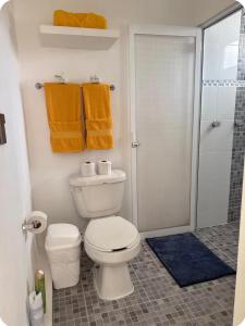 a bathroom with a toilet and a shower with orange towels at Casa amplia, cómoda y céntrica in Apizaco +14 photos