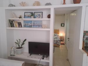 a living room with a television on a shelf at Garden of Chios - Mosaic in Chios