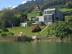 a house on a hill next to a body of water at Luxury loft on top of Villa Wilen with tremendous views by the lake in Sarnen