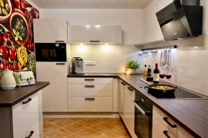 a kitchen with white cabinets and a counter top at AltstadtQuartier Rudolstadt Ankommen l Bleiben in Rudolstadt