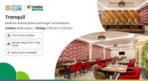 a screenshot of a restaurant with red chairs and tables at Treebo Premium Tranquil Inn in Shimla