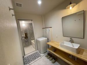 a bathroom with a toilet and a sink and a shower at Casa Kokoro Hakuba in Hakuba