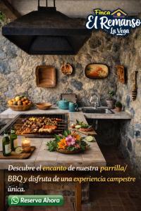 a kitchen with a stove with food on it at Finca El Remanso La Vega in La Vega
