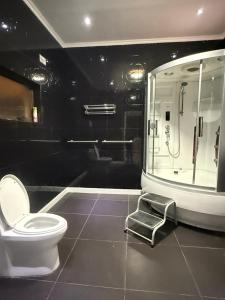a bathroom with a toilet and a glass shower at Lonehill Ridge in Blantyre