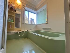 a green bath tub in a bathroom with a window at 一棟丸ごと貸別荘あそべるごでぃふーぞ in Takamori