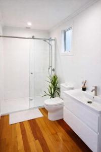 a bathroom with a shower and a toilet and a sink at Blagdon Close Guesthouse in New Plymouth