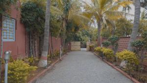 a walkway in front of a red building with palm trees at bethi farms in Malkāpur