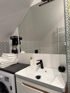a bathroom with a sink and a washing machine at Hotel Chrobrego9 in Bolesławiec +84 photos