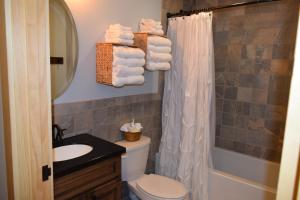 a bathroom with a toilet and a sink and a shower at The Retreat At Norwich Lake in Huntington