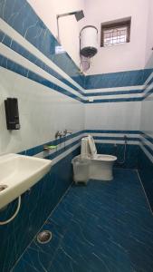 a blue and white bathroom with a toilet and a sink at Amigo's Hotel and Restaurant in Nandaprayāg +18 photos