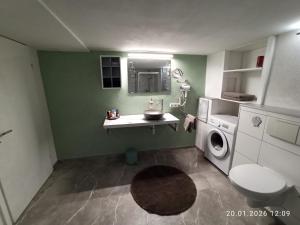a bathroom with a sink and a washing machine at Ferienhaus Laila in Hochstetten-Dhaun
