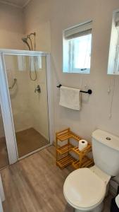 a bathroom with a shower and a white toilet at Seaside at The Dunes in Plettenberg Bay +22 photos