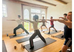 a group of people in a yoga class at Camønogaarden B&B, darksky cabins and events in Borre