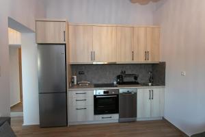 a kitchen with stainless steel appliances and wooden cabinets at Akrolithia Guest House in Valanidorachi