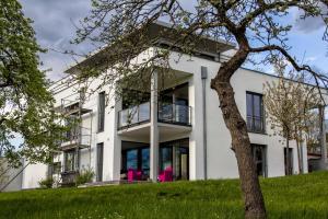 ein weißes Haus mit einem Baum davor in der Unterkunft Hewen Apartments in Engen