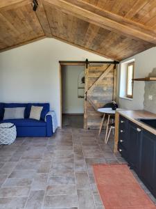 a kitchen and living room with a blue couch at La Terrazza Segreta - Vista Mare in Atri