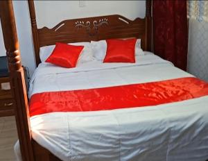 a large bed with two red pillows on it at Sunny Studio Kikuyu Town in Kikuyu