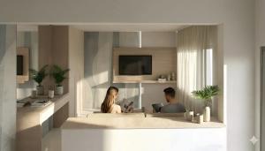 two people sitting on a couch in a living room at Resort Rocca di Vadaro - Seafront Suites, Rooms & Apartments in Capo Vaticano +81 photos