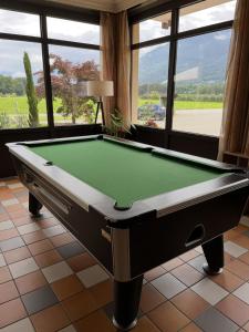 a pool table in a room with windows at Hôtellerie du Roy - Restaurant Chez Robin in Sainte-Hélène-sur-Isère