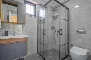 a bathroom with a shower and a toilet and a sink at Villa Ana in Kızılyurd +13 photos