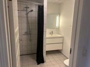 a bathroom with a shower and a sink at Kærskovgård ferielejligheder in Faxe +45 photos