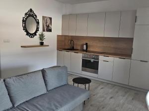 a living room with a couch and a kitchen at Apartament Studio Centrum in Człuchów
