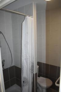 a bathroom with a shower curtain and a toilet at Carpe Diem 3 in Goutrens