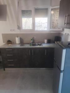 a kitchen with a sink and a refrigerator at Markos House 2 in Kalymnos