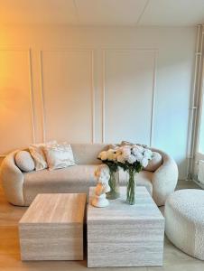 a living room with a couch and a coffee table at Private room central in Oslo