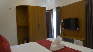 una camera d'albergo con un letto e una televisione di Hanee Comforts a Chikmagalūr Altre 43 foto