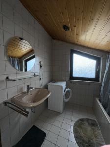 a bathroom with a sink and a toilet and a mirror at Monteurzimmer Schäfer - Rhein Main in Hösbach