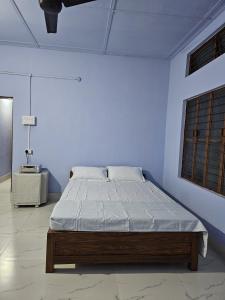 a bedroom with a bed in a blue wall at HACHIKOs HAVEN in Guwahati