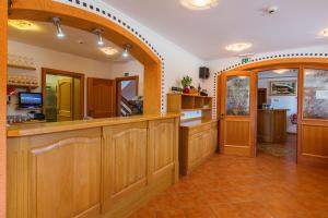 a large kitchen with wooden cabinets and a counter at Pension Török in Lesce