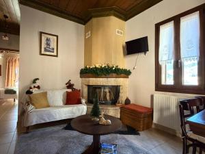a living room with a couch and a fireplace at Atrapos in Karpenisi +11 photos
