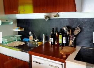 a kitchen counter with a sink and bottles of wine at Mandala in Vars