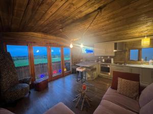 a living room with a couch and a kitchen at Dublin Seaview Cabin in Rathfarnham