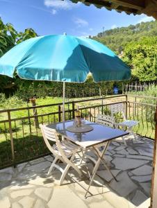 a table and chairs under an umbrella on a patio at Gite emilouise in Carnoules +14 photos