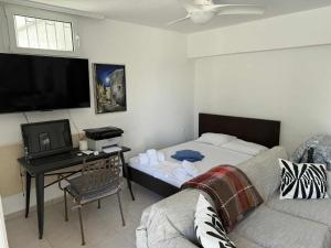 a living room with a couch and a tv at ART BLUE Residence - Pool Access Apartment in Aghia Marina
