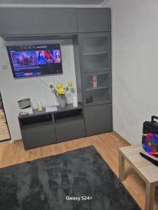 a living room with a flat screen tv on a wall at ARTIFICII București in Bucharest