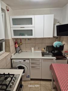 a kitchen with a washing machine and a sink at ARTIFICII București in Bucharest