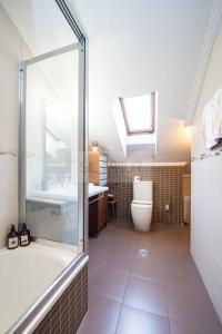 a bathroom with a shower and a toilet and a sink at La Casina Azul de May By Silastur in San Juan de la Arena +21 photos