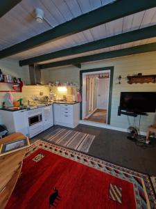 a kitchen with a large red rug in a room at The Old Cottage in Harstad
