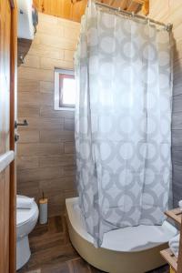 a bathroom with a toilet and a shower curtain at Villa lito in Zóla +75 photos