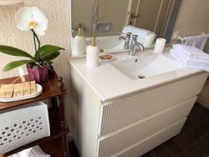 a bathroom with a white sink and a white flower at L' Atelier sui Tetti in Faenza +47 photos